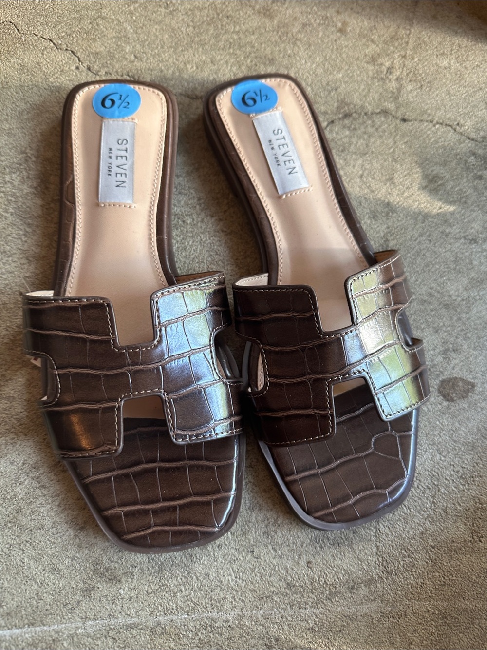 Brown Croc-Embossed Slide Sandals - Brown